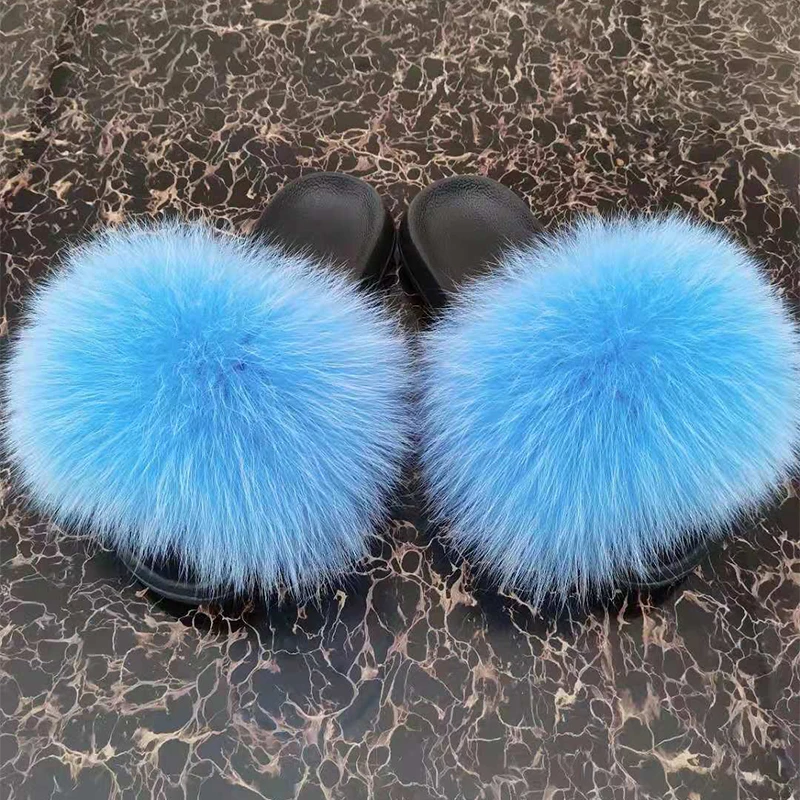 

Custom Wholesale Vendor Luxury Full Fluffy Real Fox Furry Fur Slide Indoor Womens fur slippers Sandals, Customized color