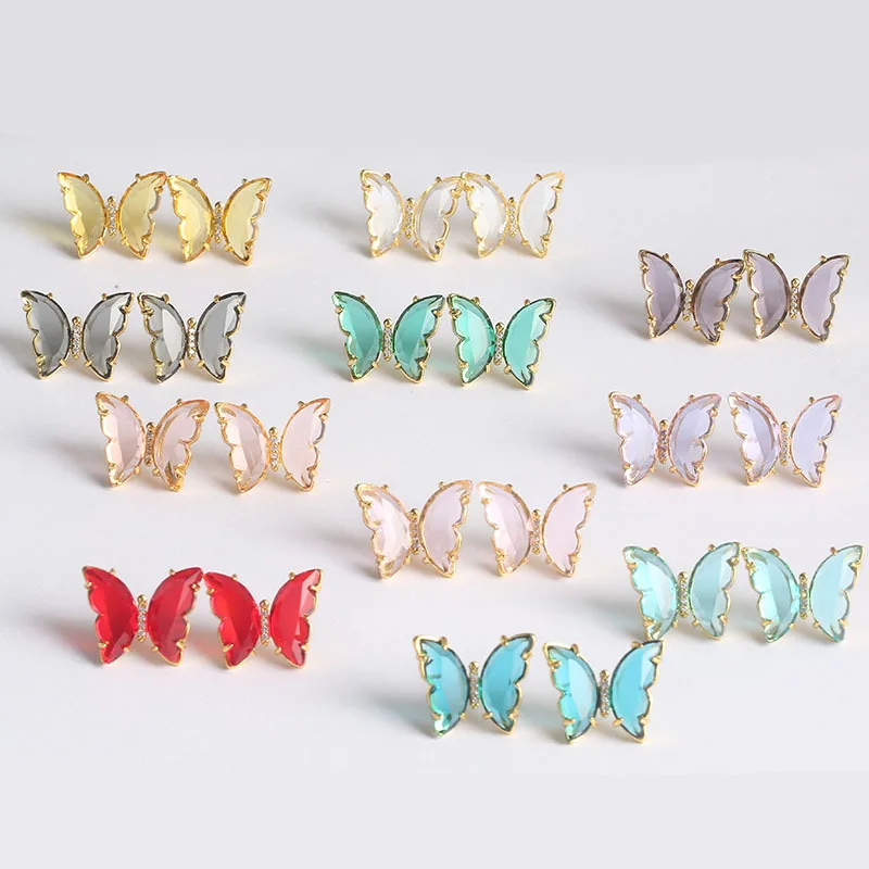 

2020 New 925 Silver Needle Bohemian Colorful Glass Butterfly Stud Earrings Clear Crystal Butterfly Stud Earrings