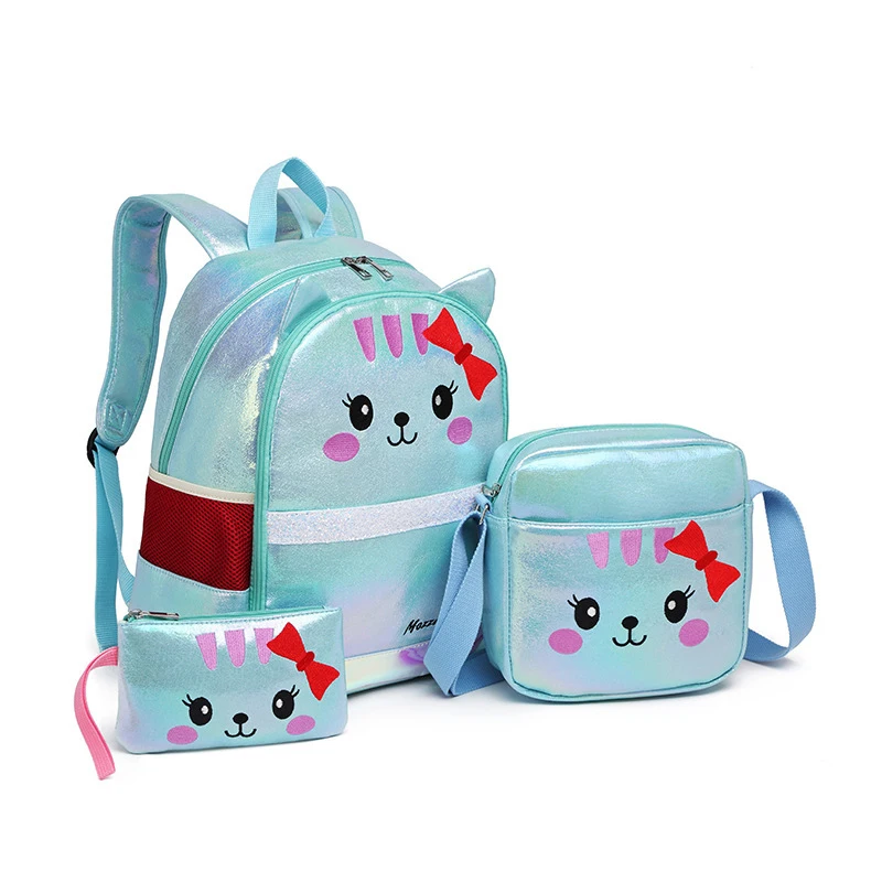 

Cute pu leather Kids Backpacks Girls School Bags with Lunch and pencil bag the print for animal cat, As sample or customzied