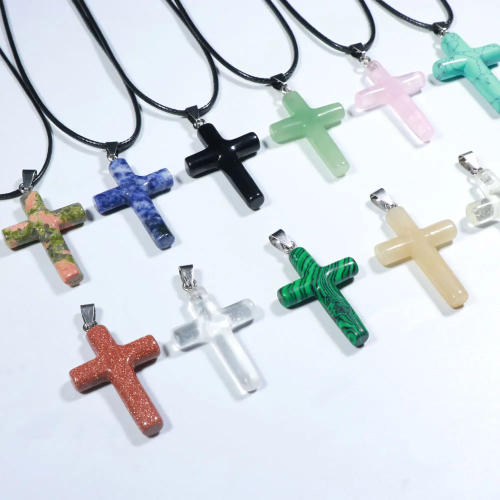 

2022 New Arrival Natural Stone Pendant Necklace, Natural Crystal Healing Gemstone Quartz Turquoise Cross Pendant Necklace