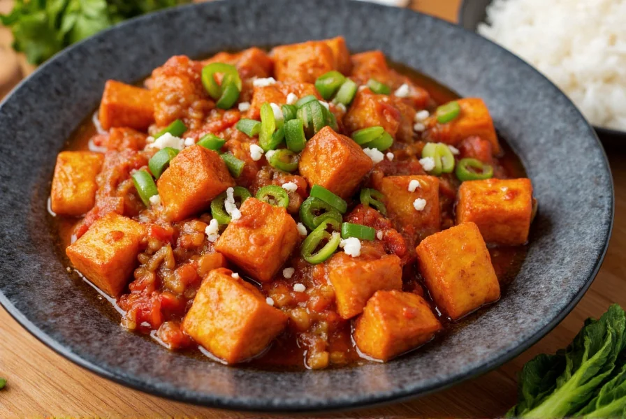 Colorful presentation of chili tofu served in traditional Chinese bowl with steamed rice and bok choy on side