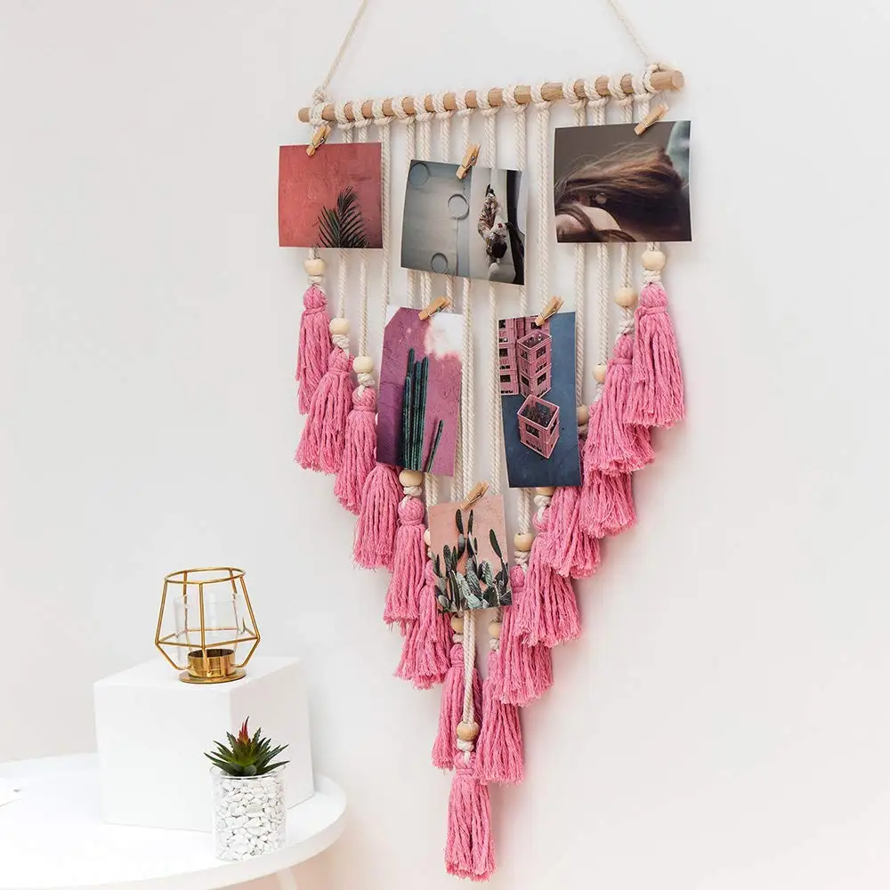 

Macrame Photo Display Blue Pictures Organizer Macrame Wall Hanging Boho Home Decor