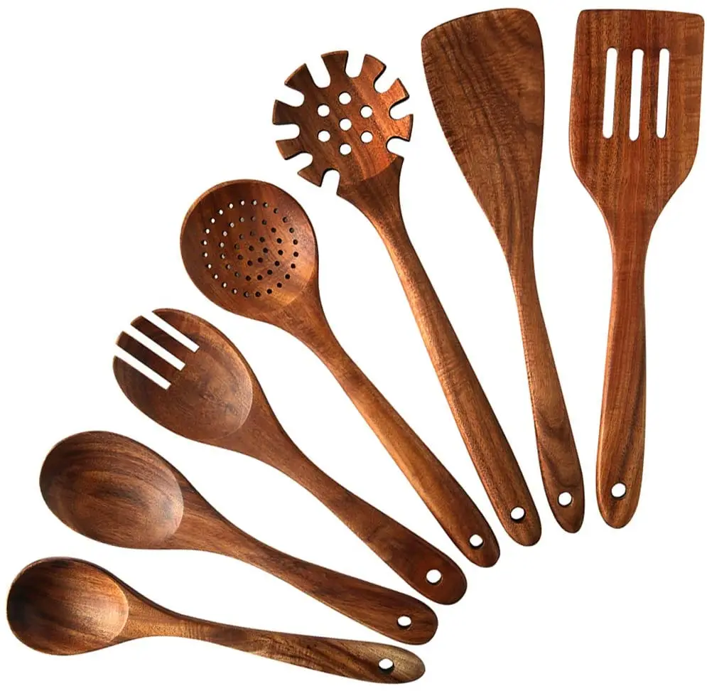 

7 PCS Teak Wooden Spoons Spatula Cooking Sleek Sold Non-stick Cookware Set, Natural teak wood color