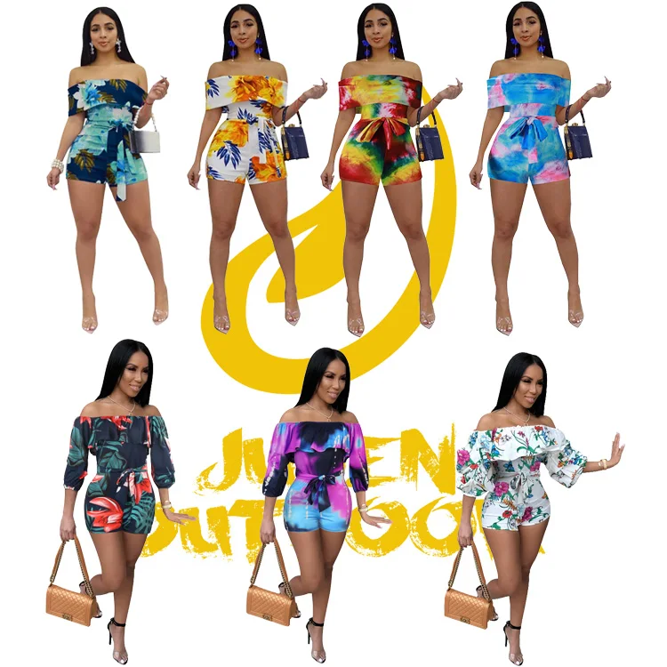 

2021 womens jumpsuit printing Casual Multicolor off shoulder floral jumpsuit custom jumpsuit for women
