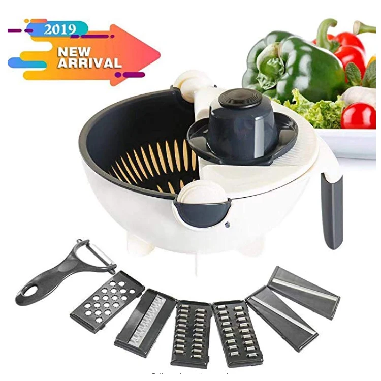 

New 9 in 1 Multifunctional Rotate The Vegetable Chopper Cutter with Drain Basket and 6 Dicing Blades, White