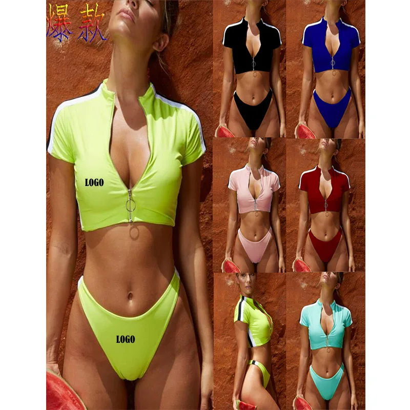 

Free shipping Women New Style 1Colors Zipper Short Sleeve Ladies Split Two-Piece Swimwear Swimsuit Bikini