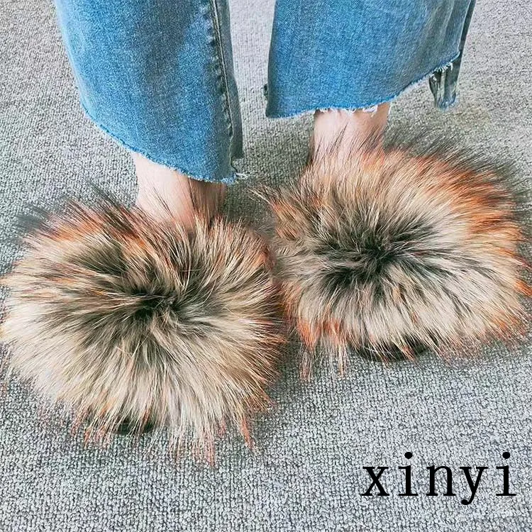

2021 New Women fox Slides Sandals Baby Toddler Indoor Outdoor Real Fur Slippers, Customized color
