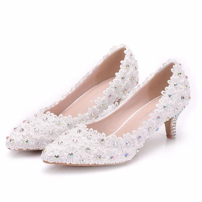 

Wedding shoes for ladies girl women lace material 5cm low heels plus size sexy shoes, White