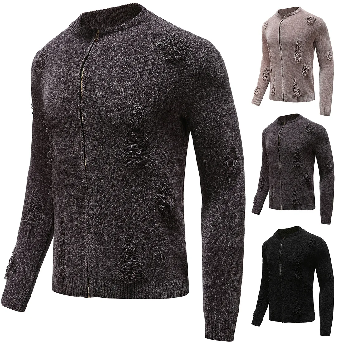 

Frayed polyester round neck long sleeve zipper cardigan knit sweater for men