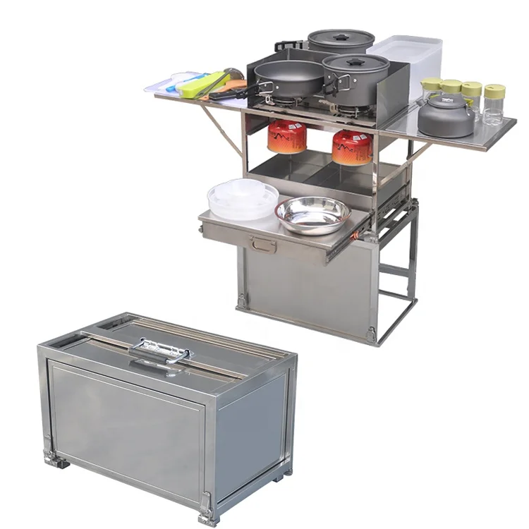 

Newest SUS304 Portable Foldable Storage Box Mobile Kitchen With Double Stove For Outdoor Camping Picnic