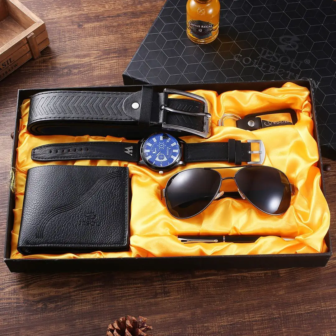 

RTS Fashion Design Men's Big Dial Watches+Sunglass+Wallet 6pcs/set Luxury Dress Belt+Pen+Keychain+Box Gift Sets For Men
