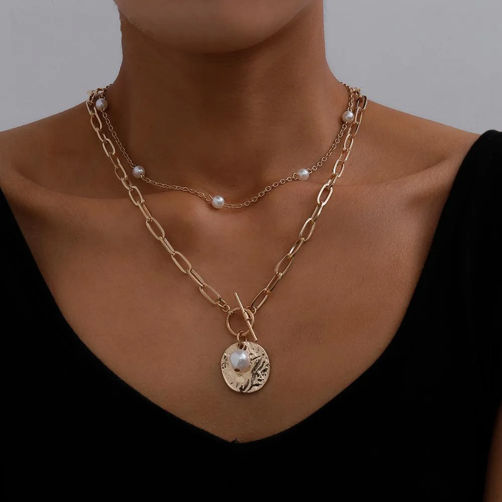 

New Arrival Trendy Gold Plated Alloy Necklace Double Layers Round Pendant Chain Choker Necklaces with Pearl for Women