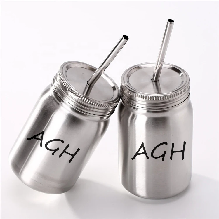 

Classic Double Wall Stainless Steel Mason Jars 16 oz Stainless Steel Mason Jar With Straw In Stock, Silver