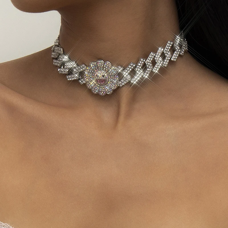 

Hop hop 18k gold full diamond cuban link chain men necklace iced out cute sunflower pendant necklace for women jeweley, Gold,silver