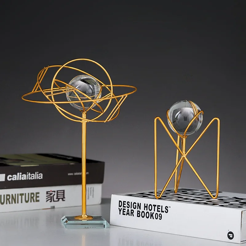 

Modern light luxury golden line geometric metal bracket crystal ball, Gold