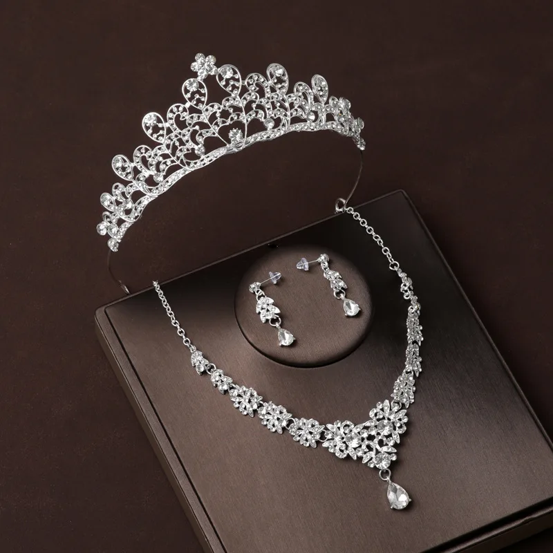 Bride Crown Three-piece Set Wedding Crown Headdress Necklace Earrings Wedding Jewelry Sets