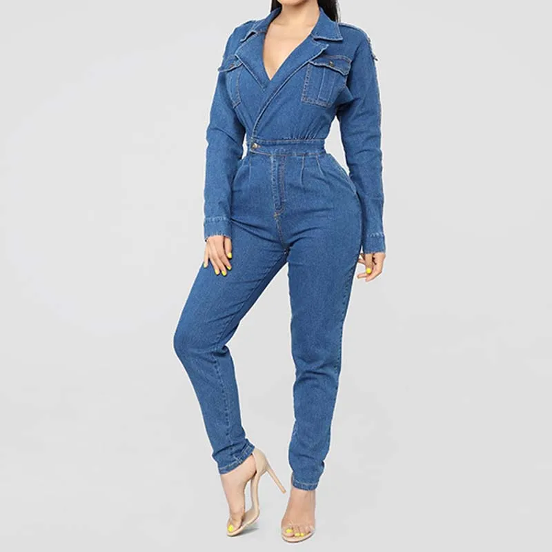 2019 Latest design fashion deep V lapel denim jeans women tight siamese jumpsuit lady jeans with best price