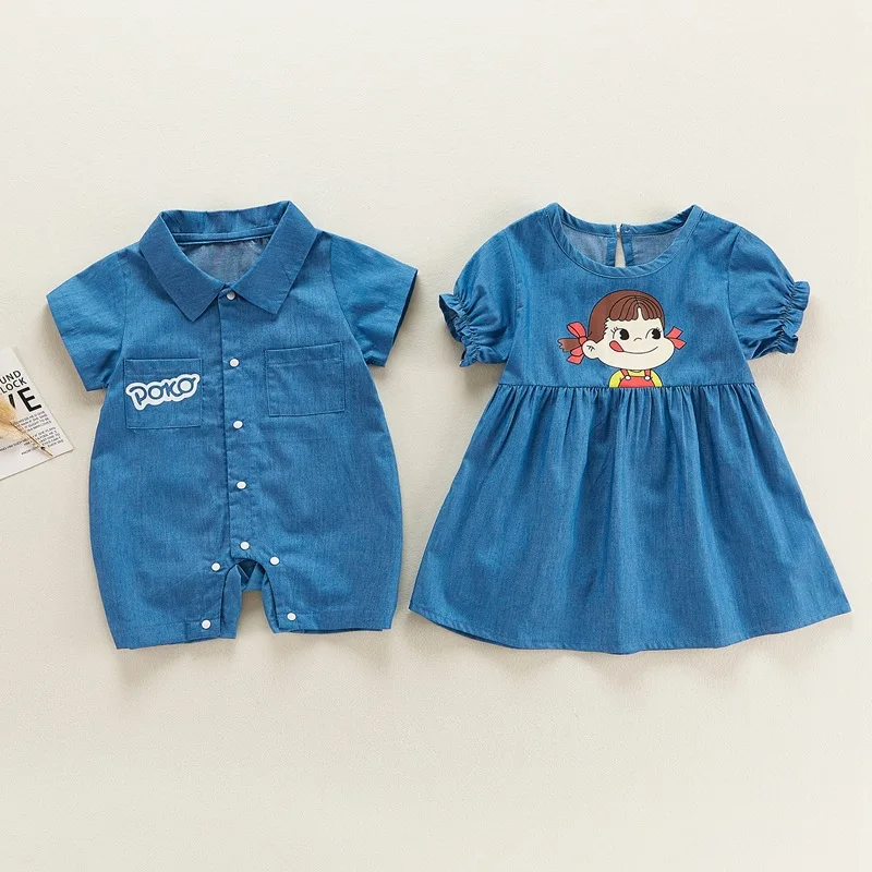

2021 summer baby onesies boy and girl baby short-sleeved denim skirt romper twins cartoon clothes, 2 colors