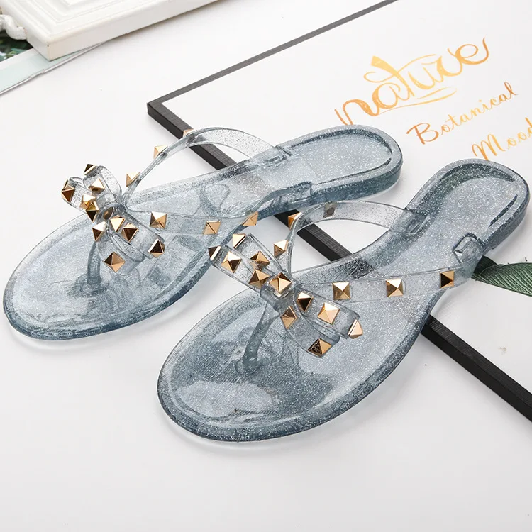 

SD-09 fashion transparent crystal PVC sandals for women Rivet bow strap ties open toe flat slipper beach sandal ladies, Picture show , squine colors