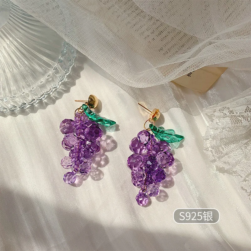 

OUYE Crystal earrings gold-plated S925 silver needle summer crystal purple grape earrings female long simple earrings, Golden/silver