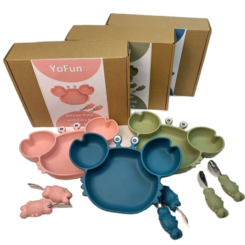 

RTS Crab Shape Plate Feeding Set With Spoon And Fork Infant Silicone Bebe Plato BPA Free Microwave Dishwasher Safe