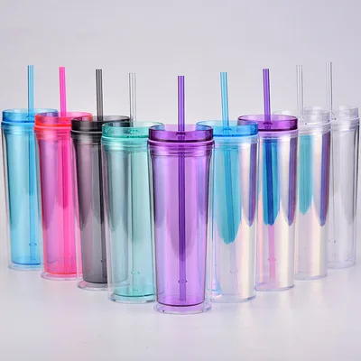 

16oz holographic color double wall plastic acrylic skinny tumbler water cups skinny tumbler cups plastic water bottles with lid, As picture