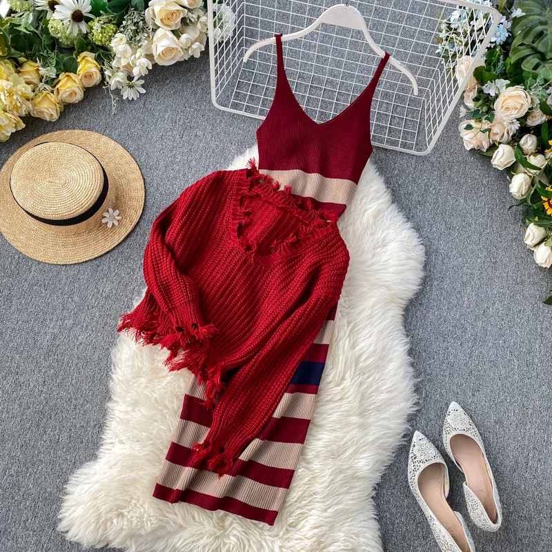New fashion women two piece set loose sweater tops and sleeveless knitted dress