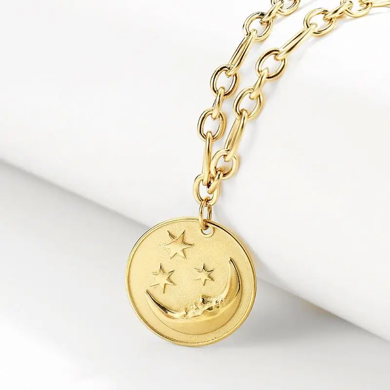 

Trendy Stainless Steel Embossed Moon And Star Round Pendant Necklace High Quality Gold Plated Fashion Jewelry