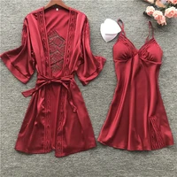 

Pajamas Nightgown with Chest Pad Ice Silk Long-sleeve Pajamas Two-piece Suit Home Wear