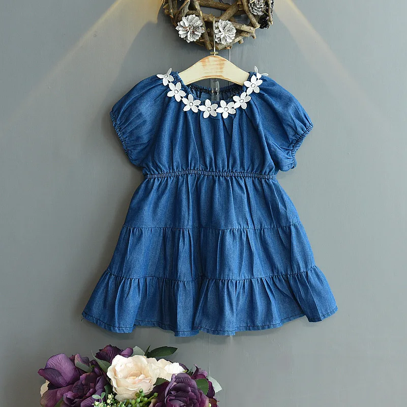 

New fashion toddler Girls casual summer short puff sleeve flower denim dress, Picture shows