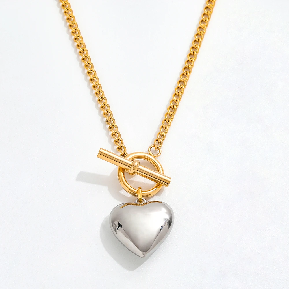 

Joolim Jewelry 18K Gold Plated Stainless Steel Two-tone Cuban Chain Heart Pendant Toggle Necklace Tarnish Free & Waterproof