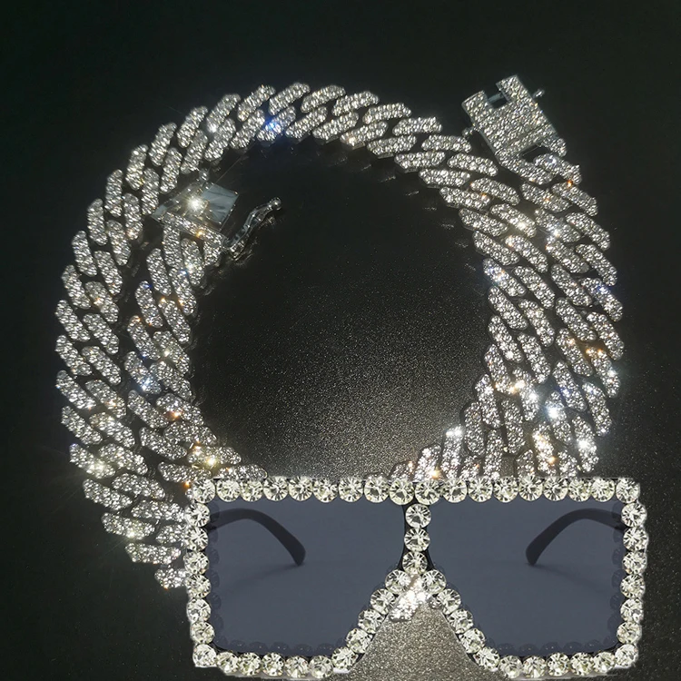 

Hot Selling Fashion Hip Hop Necklace Set Jewellery Iced Out Cuban Link Chain with Sunglasses Set
