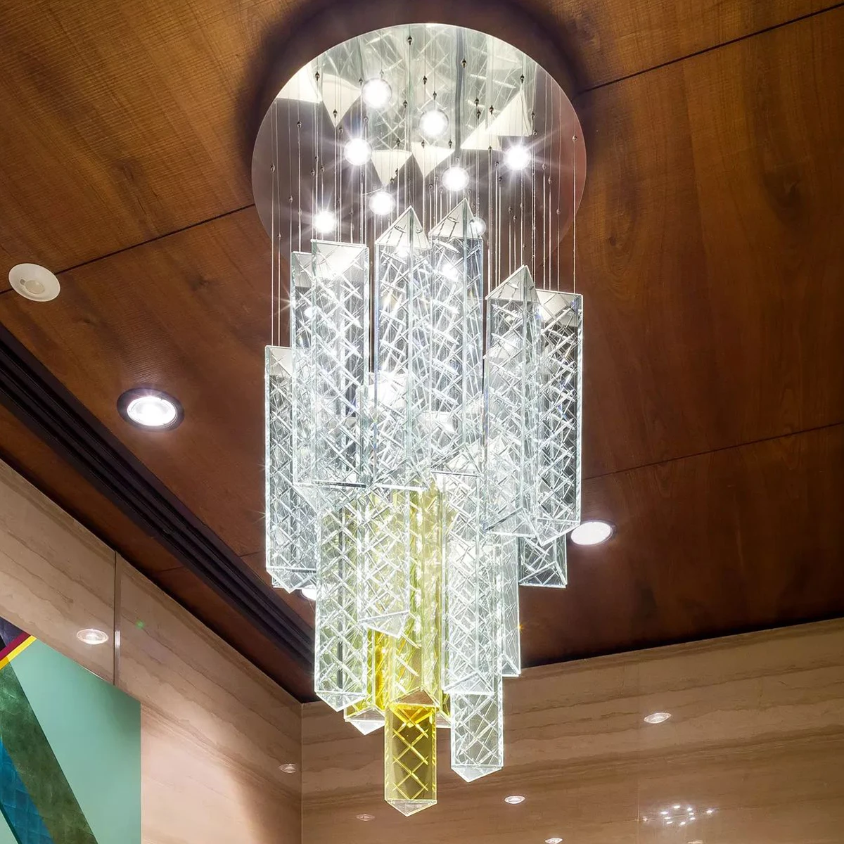 long shape fancy led hand blown pendant light glass chandelier for high ceiling