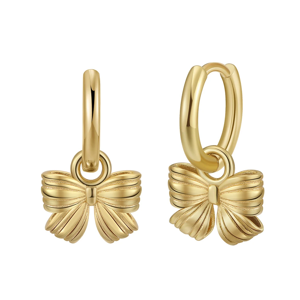 RINNTIN SE412 Silver Earring Jewelry 14K Gold Plated Bow Charm Hoop Earrings for Women