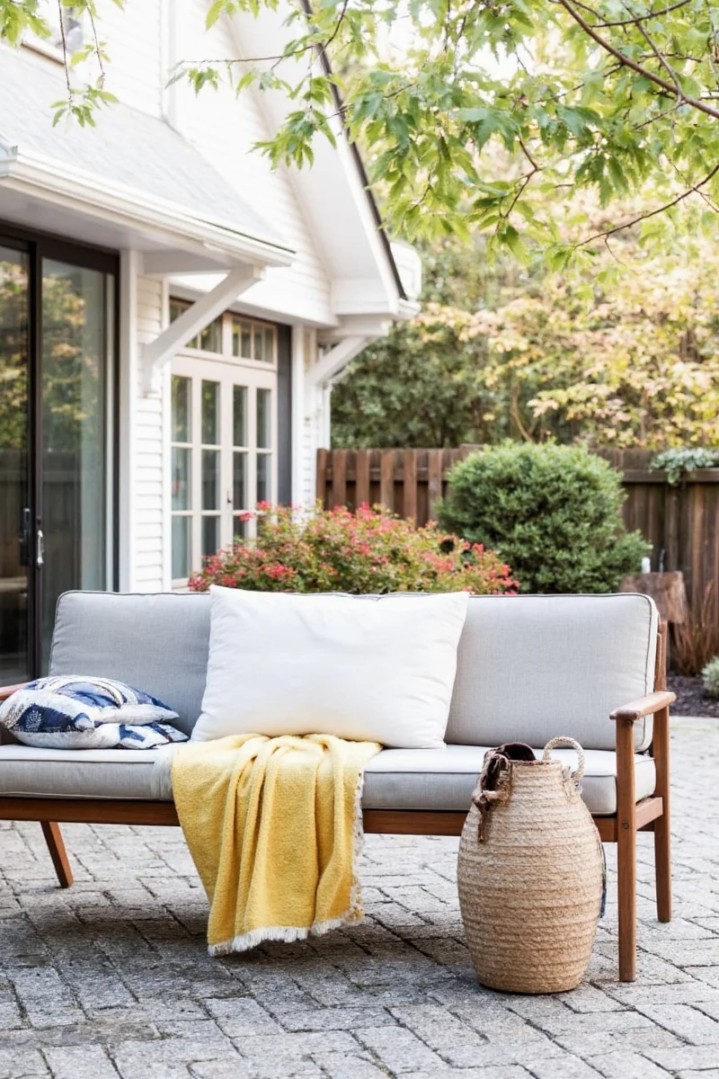 A cozy outdoor bedroom setup featuring a comfortable bed, string lights, and a dog lounging nearby on a matching pet cushion.