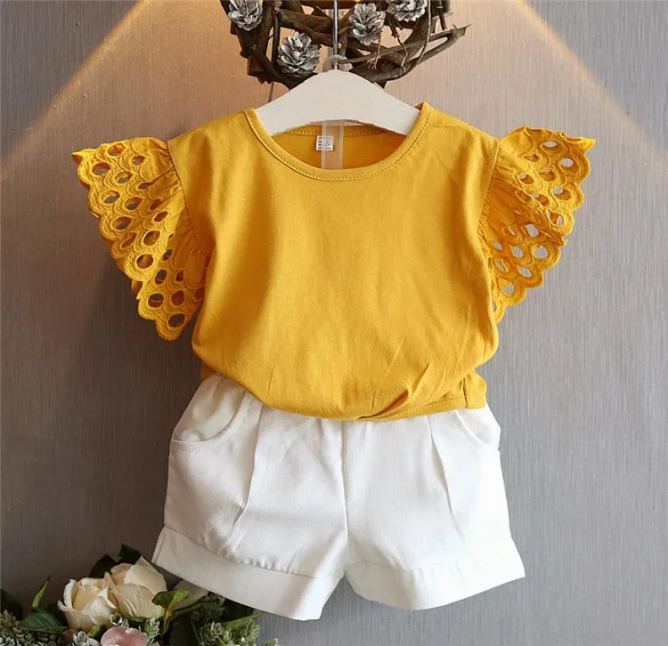 

Girls Clothing Sets Hollow Out T shirt Top and Shorts Summer Kids Wear Two Piece Shorts Baby Girl Clothes Wholesale, Yellow, pink
