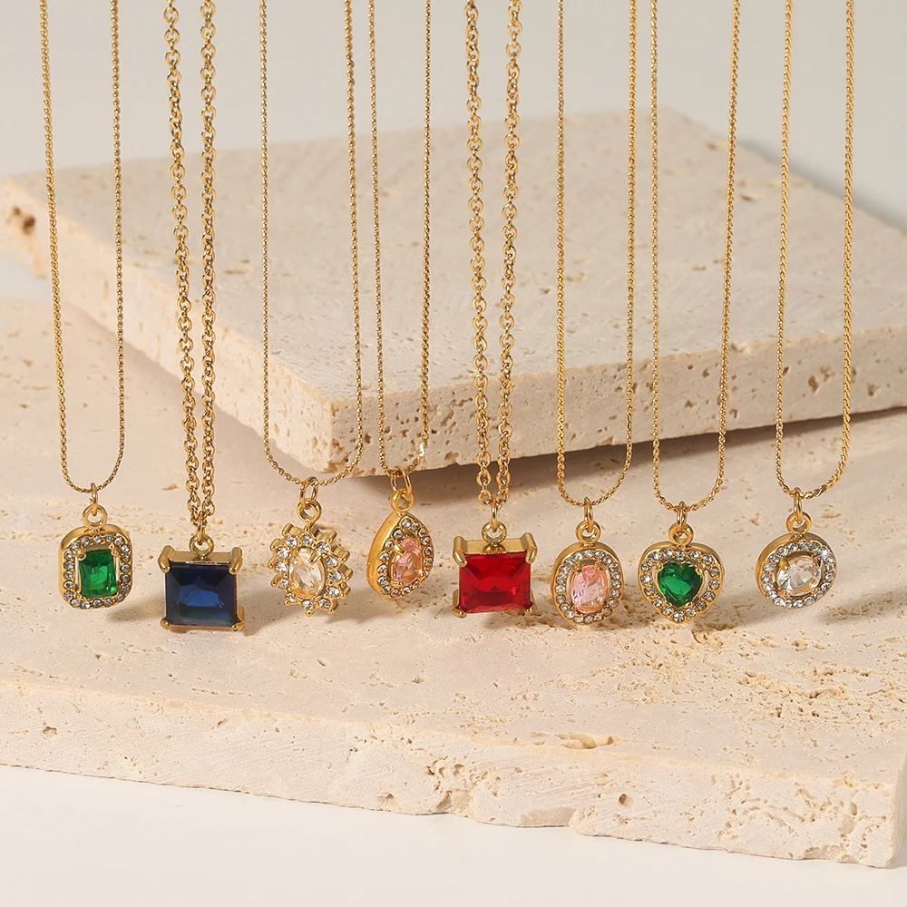 

New Trendy Stainless Steel Gold Plated Elegant Colorful Zircon CZ Diamond Rhinestones Pendant Necklace For Women