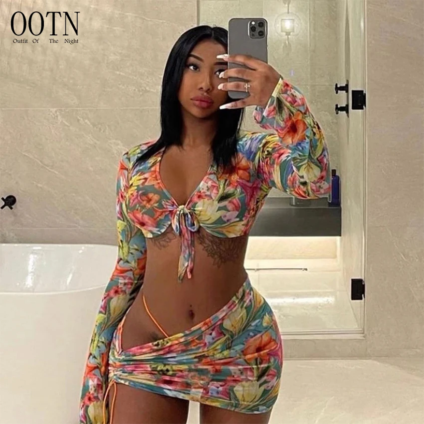 

OOTN 2021 Rave Party Club Wear Two Piece Set Summer Vacation Outfits Floral Printed Mesh Sexy Top and Skirts Sets