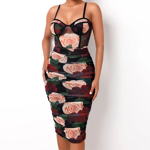 

FS2196D women Sexy sleeveless floral prints dress