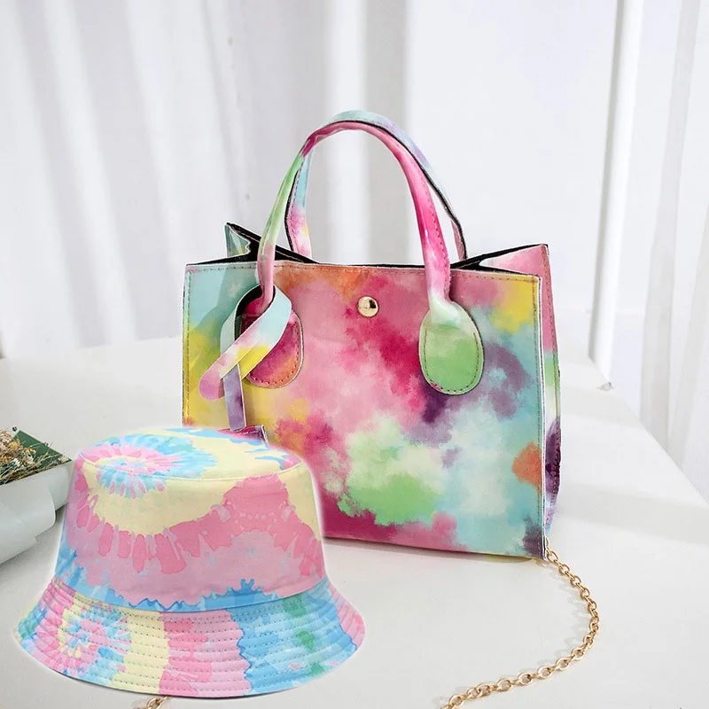 

2021 fashion tie-dye jelly rainbow purses and handbag with chain glossy jelly tie dye crossbody ny bag and ny hat set for women, 4 color options