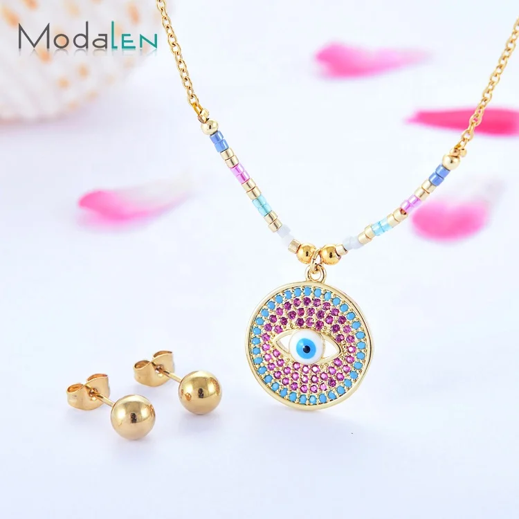 

Modalen Colorful Necklace Crystal Evil Blue Eye Gold Stainless Jewelry Set, Gold/sliver