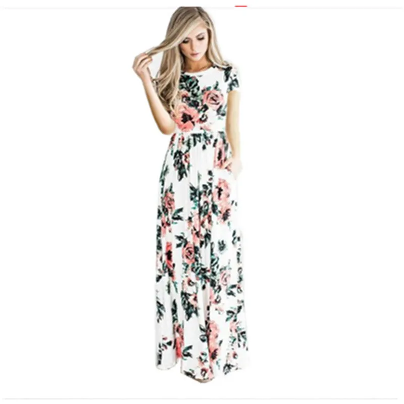 

Mom and Me Bohemian Floral Dresses Mother and Daughter Beachwear Short-sleeved Long Dress Family Matching Clothing Plus Size 3XL