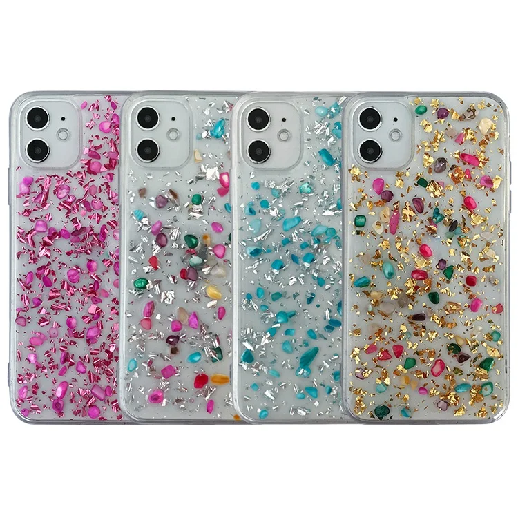 

Epoxy 3d luxury crystal colorful stone phone case glitter gold silver foil shockproof back cover for Iphone 11/12 pro max 6 7 8
