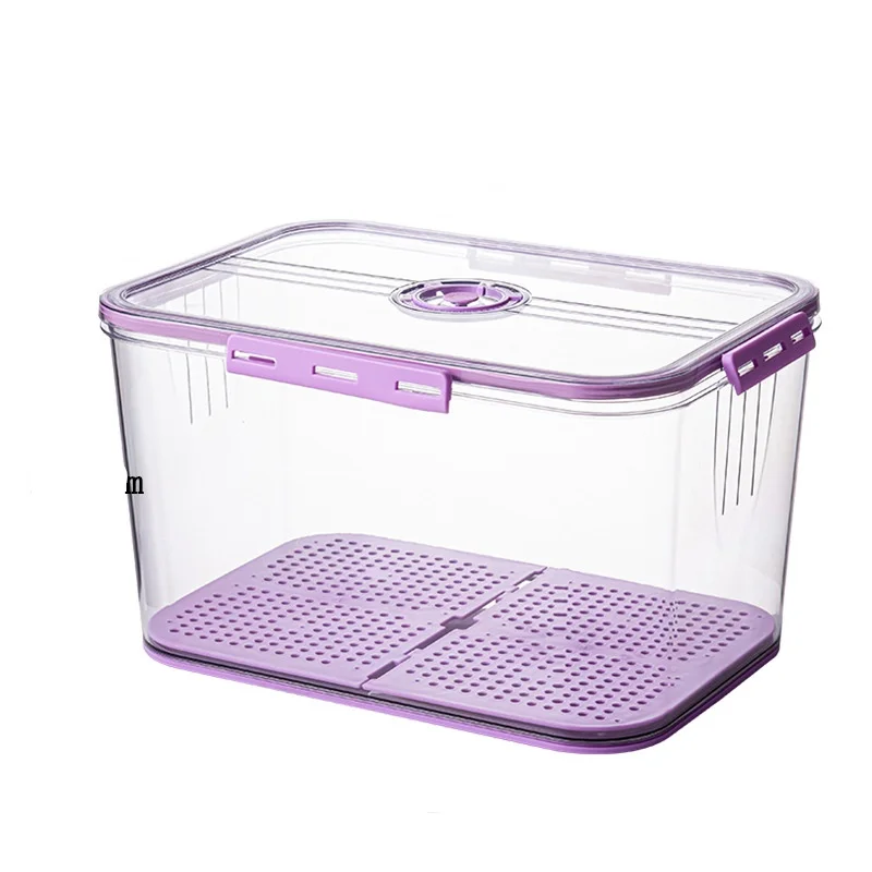 

Refrigerator timing storage box PET plastic transparent thickened frozen draining fresh-keeping box with silicone ring lock lid, Purple