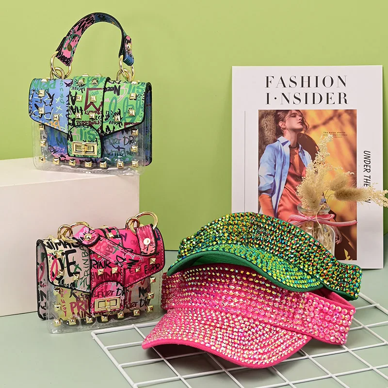 

2021 Bling Diamond Hand bag For Ladies Purse And Hat Set Glitter Baseball Hat And Purse, 9 colors