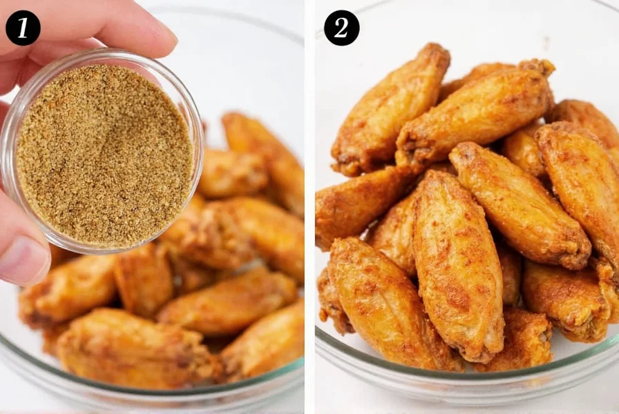 Step-by-step preparation of homemade lemon pepper wings showing seasoning mixture being applied to freshly fried chicken wings