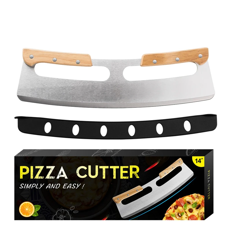 

14inch Stainless Steel Sharp Pizza Slicer Knife Tool Mezzaluna Chopper with Blade Cover Double Wooden Handle Pizza Cutter Rocker