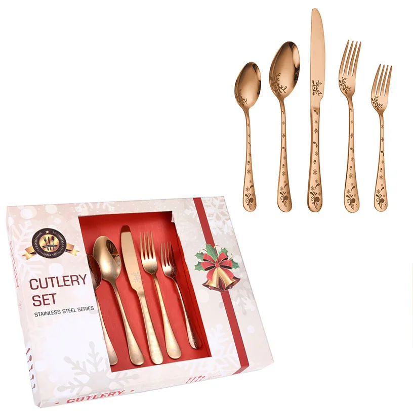 

Popular promotion business gifts hot sale cutlery stainless steel silverware 20pcs flatware set with Christmas design gift box, Black;silver;gold;rose gold, colorful customized color