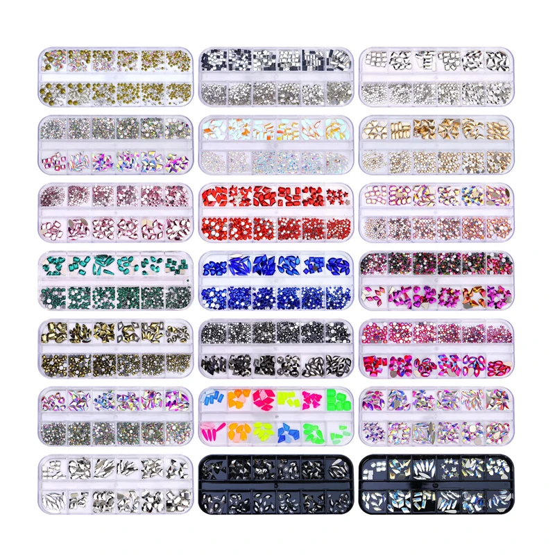 

12 grid new flat bottom nail art charm aurora love glass multi shape nail crystals black color nail rhinestone with box