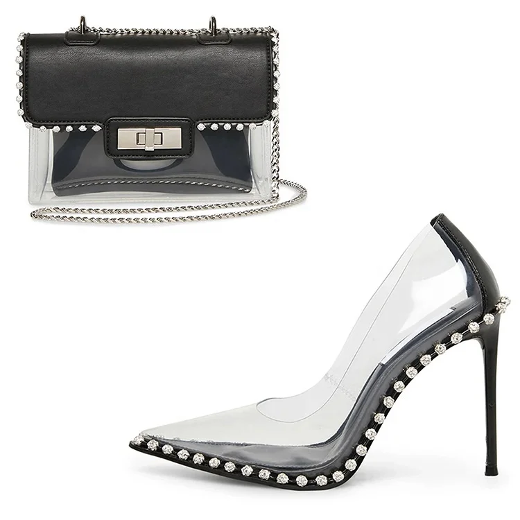 

Ladies stiletto pumps fashion luxury rhinestone pvc pumps with transparent bag women banquet sexy pumps, Black